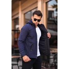 Gm Giyimarket Erkek Mavi Kapüşonlu Softshell Su ve Rüzgar Geçirmez Içi Kürklü Mont