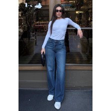 Madmext Mavi %100Pamuklu Geniş Paça Yüksek Bel Kadın Wide Leg Jean MG2623