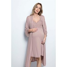 Monamise Dantelli Hamile Lohusa Sabahlık Takımı Kadın V Yaka Vizon Renkli Askılı Tasarım