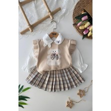 Miniğimin Cicileri Sevimli Tavşan Desenli Ekose Etekli Triko Kız Çocuk 3 Lü Takım - Bej