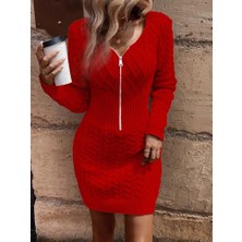 Mareandpanda Kadın Uzun Kollu V Yakalı Önden Fermuarlı Kısa Triko Elbise