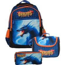 Pippa Erkek Çocuk Üç Gözlü Lacivert Turuncu Ilkokul Üçlü Okul Çanta Seti - Dragon/ejderha - PPSET5280