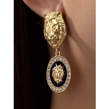 Alya's Aksesuar Parlak Taşlarla Süslenmiş Şık Aslan Başlı Altın Kaplama Küpe