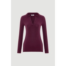 Gusto Polo Yakalı Pamuk Örme Bluz - Mürdüm