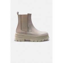 Rujo Bej Hakiki Deri Yüksek Taban Lastikli Chelsea Kadın Bot