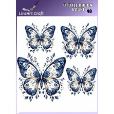 Lineart N: 48 Mavi Beyaz Kelebek Desenli Kumaş Transfer, Ahşap Transfer, Rub On Transfer 30*30 cm