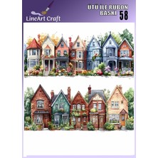 Lineart N: 58  Renkli Evler Desenli Kumaş Transfer, Ahşap Transfer, Rub On Transfer 30*30 cm