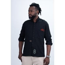 Nakışlı Oversize Dökümlü Erkek Gömlek Siyah