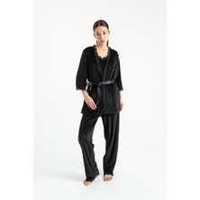 Ecrou Kadın Siyah Kadife Ip Askı Sabahlık Pantolon 3 Lü Pijama Takım