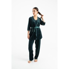 Ecrou Kadın Zümrüt Kadife Ip Askı Sabahlık Pantolon 3 Lü Pijama Takım