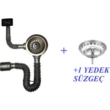 Akkon Lüks Çöpmak Yandan Taşmalı Körüklü Evye Lavabo Sifonu Gri + 1 Yedek Ekstra Süzgeç