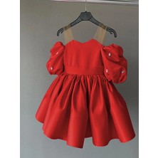 Musgem Özel Tasarım Kırmızı Tül Askılı Taş Detaylı Balon Kol Kız Çocuk Abiye Elbise