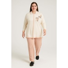 BezeXL Büyük Beden Omuzu Çiçek Baskılı Triko Ikili Takım Pembe