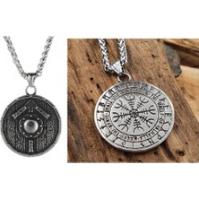 Herşey Nota Viking Nordik Kalkanı Vegvisir Kolye Iskandinav  Paslanmaz Çelik Gümüş Çift Taraflı Kolye