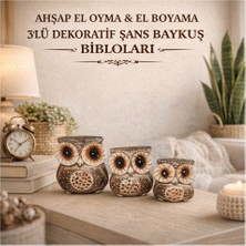 Ahşap El Oyma & El Boyama 3’lü Dekoratif Şans Baykuş Bibloları