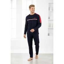 Erkek Pamuklu Pijama Takımı Lacivert Renk Uzun Kollu Rahat Kalıp Esnek Kumaş C2T1N05
