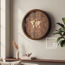 İki Yedi Konsept Valerian 772 Harita Desenli Duvar Saati 67 cm | Ahşap Tonlu Büyük Duvar Saati Ofis Hediyesi Dekor