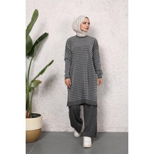 Kirazca Butik Kadın Zikzak Çizgili Simli Tesettür Triko Tunik Pantolon Takım