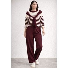 BezeXL Büyük Beden Yakası Bağlamalı Triko Ikili Takım Bordo