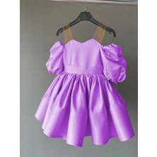 Musgem Özel Tasarım Lila Tül Askılı Taş Detaylı Balon Kol Kız Çocuk Abiye Elbise