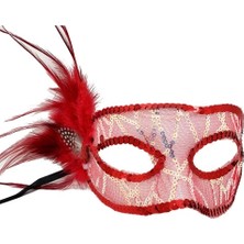 Kırmızı Yandan Tüylü Payetli Parti Maskesi