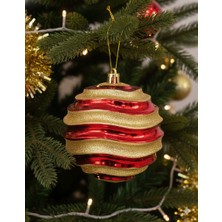Dodomar 15 cm – Beyaz Yatay Çizgili Parlak Kırmızı Yılbaşı Top Süs Büyük Boy Dekoratif Ağaç Süsü