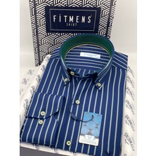 Fitmens Klasik Geniş Kesim Uzun Kol Elegance Çizgili Yaka Düğmeli Hediye Kutulu Erkek Gömlek FS-004340 - Lacivert Yeşil
