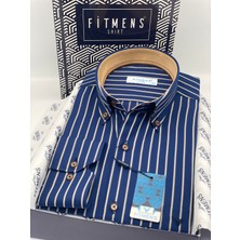 Fitmens Klasik Geniş Kesim Uzun Kol Elegance Çizgili Yaka Düğmeli Hediye Kutulu Erkek Gömlek FS-004340 - Lacivert Hardal