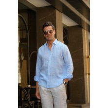 Fitmens Slim Fit Uzun Kol %100 Keten Nefes Alabilen Kumaştan Hediye Kutulu Erkek Gömlek FS-004170 - Mavi