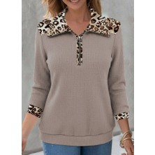 Tua Moda Kadın Uzun Kollu Leopar Yakalı Fermuarlı Waffle Bluz