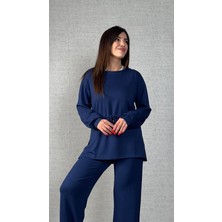 Giyimodam Kadın Uzun Kollu Bisiklet Yaka Belden Büzgülü Bağcıklı Viskon Iki Iplik Bluz ve Pantolon Ikili Takım