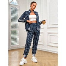 Nidam Butik Kadın Uzun Kollu Önden Fermuarlı Desenli Iki Iplik Bluz ve Pantolon Ikili Takım