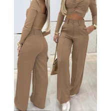 Passense Kadın Uzun Kollu Göğüs Dekolteli Ithal Krep Bluz ve Pantolon Ikili Takım