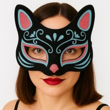 Siyah Renk Süet Kaplama Üzeri Mavi Kırmızı Simli Kedi Maskesi 17X14 cm