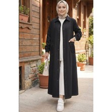 Kadın Düğmeli Cepli Denim Siyah Uzun Kot  Kap