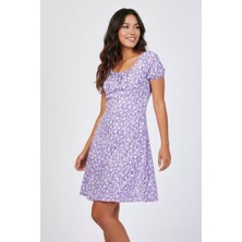 Volanlı Lila Kısa Kollu Viskon Elbise