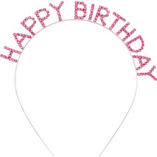 Pembe Kristal Taşlı Gold Happy Birthday Taçı