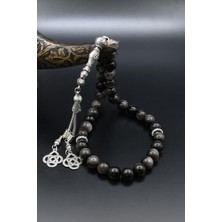 Prestige Gümüş Doğal Obsidyen Taşlı 33'lük Tesbih Metal Püsküllü 10MM Küre Kesim 902513