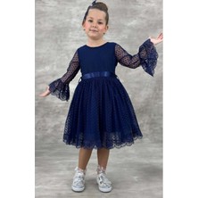 Riccotarz Kız Çocuk Üzeri Puantiye Detaylı Kolları Şeffaf Tüllü Prenses Lacivert Elbise