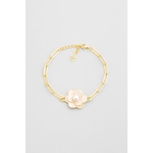 So CHIC Kamelya Çiçeği 18 Ayar Sarı Altın Kaplama 19 Cm Gümüş Zincir Bileklik