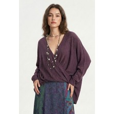 Clandestino Oversize Bohem Triko Bluz Mürdüm