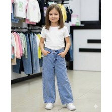 ERDEM KIDS Kız Çocuk Pamuklu Beli Lastikli Jean Pantolon Rahat Kalıp Geniş Bol Paça Taş Detaylı Kot Pantolon