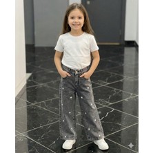 ERDEM KIDS Kız Çocuk Pamuklu Beli Lastikli Jean Pantolon Rahat Kalıp Geniş Bol Paça Yıldız Nakış Kot Pantolon