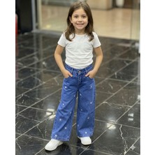 ERDEM KIDS Kız Çocuk Pamuklu Beli Lastikli Jean Pantolon Rahat Kalıp Geniş Bol Paça Yıldız Nakış Kot Pantolon