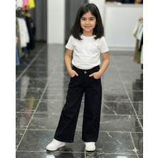 ERDEM KIDS Kız Çocuk Pamuklu Beli Lastikli Jean Pantolon Rahat Kalıp Geniş Bol Paça Taş Detaylı Kot Pantolon