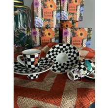 Türk Kahvesi Fincan Takımı Içe Geçmeli Dama Desen Kelebek Detay Gold Kenarlı 2 Kişilik 4 Parça