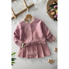 Miniğimin Cicileri Örgü Çiçek Hırkalı 3lü Etekli Kız Çocuk Takım - Pembe