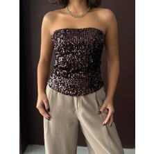 H1Style Payetli Straplez Bluz Yılbaşı