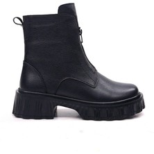 DONDUK Kadın Hakiki Gerçek Deri Önden Fermuarlı Siyah Bot