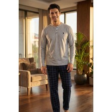 Erkek Pamuklu Pijama Takımı Uzun Kollu Alt Kareli C3T1N05